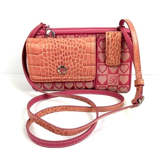 Brighton Handbags - Brighton Crossbody Wallet Pink Mix Croc Canvas Leather Hearts Purse Vintage